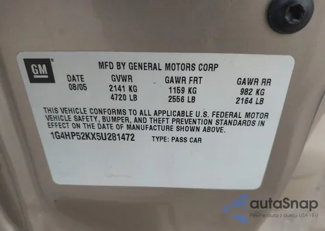 2005 Buick Lesabre Custom из США, поврежденный, VIN 1G4HP52KX5U281472